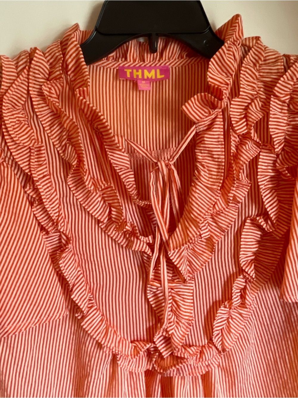 THML Coral and White Striped Ruffle Tie-Front Blouse - Picture 3 of 6